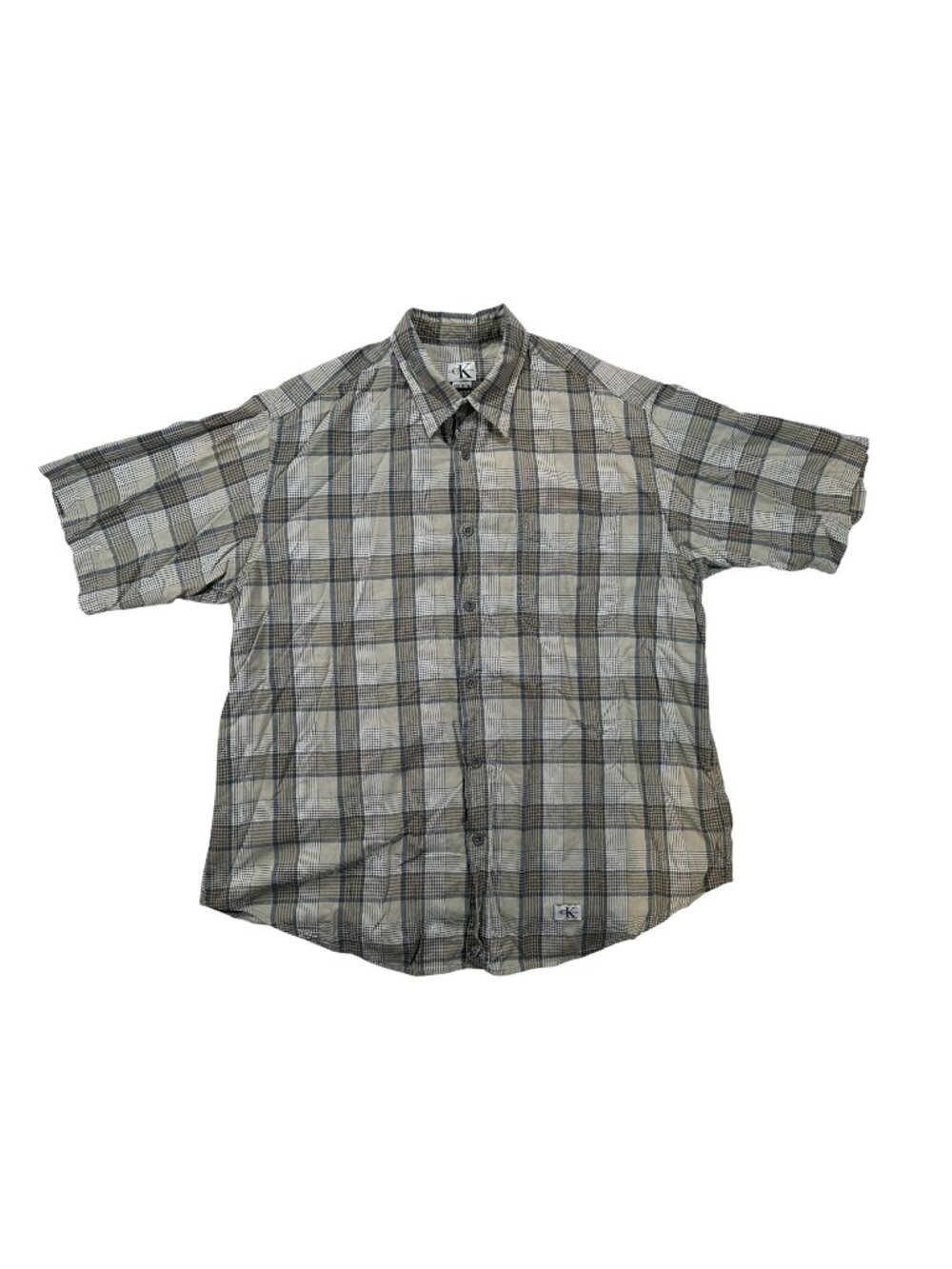 Calvin Klein Jeans Mens Button-Down Shirt S Plaid Gray/Beige Short Sleeve Casual